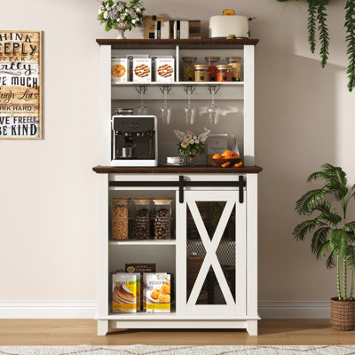 Armoire-bar de style campagnard de 31,5 po avec support à vin et huche de rangement, armoire à vin avec éclairage à DEL, armoire de cuisine avec porte de grange coulissante pour la salle à manger de cuisine