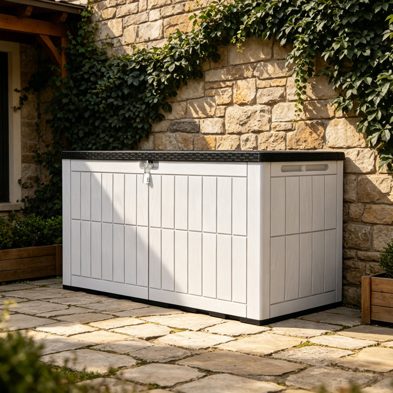 Coffre de terrasse Quartey 120 gallons en résine avec mécanisme de fermeture en douceur et serrure, Blanc / noir