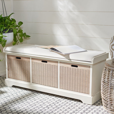 Modern Nelsen Storage Bench – Contemporary Farmhouse Accent with Upholstered Seat & 3 Basket Drawers