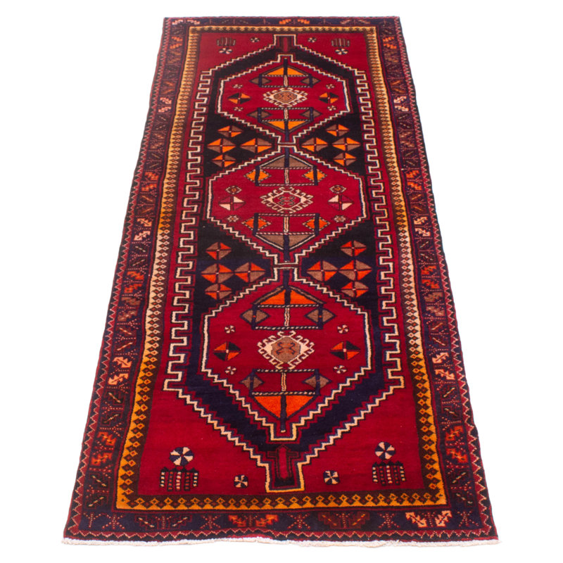 Tapis de couloir rouge en laine noué à la main de conception unique 3 pi 7 po x 10 pi 2 po Franny