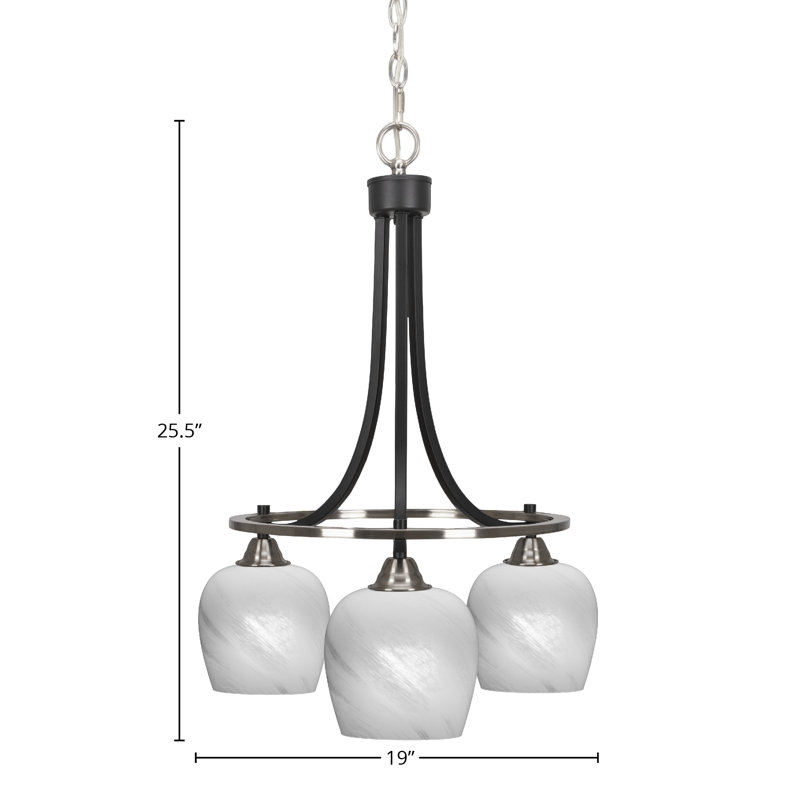 Lustre 3 lumières avec verre 6 "Paramount, Noir mat/nickel brossé, Marbre blanc