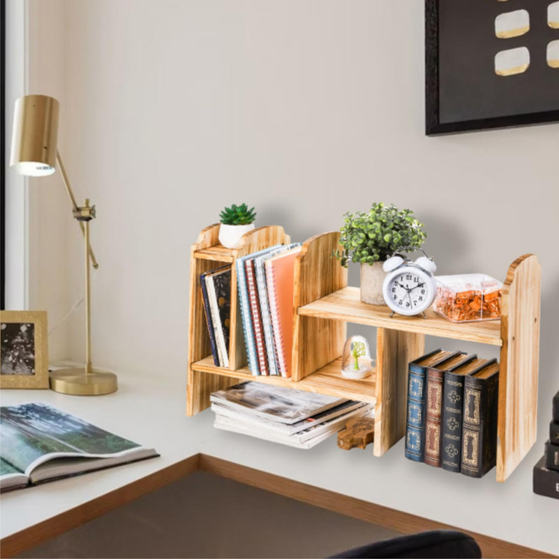 Adjustable Desktop Storage, Wood Display Bookshelf With 7 Compartments, Expandable Desk Shelf Hutch, Office Storage Rack For Desk Table Storage And Organization