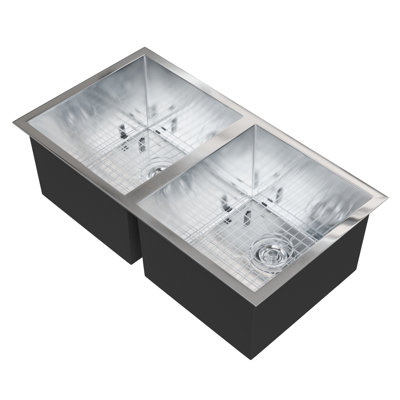 Zero Radius Stainless Steel Double Bowl Kitchen Sink with Drain and Grate Kit