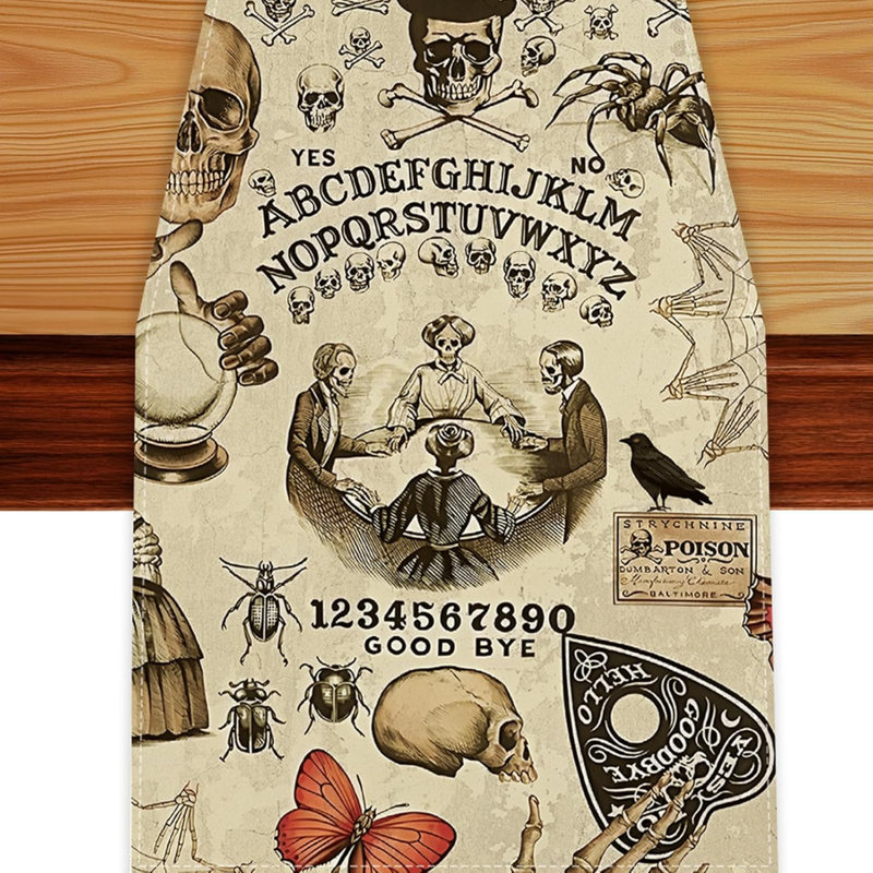 Chemin de table d'Halloween, nappe rétro vintage à motif de crâne gothique pour la fête des morts, décorations d'Halloween pour la maison, dimensions : 33 x 122 cm, polyester.