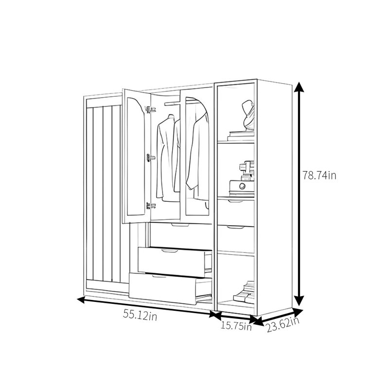 Retro Simple Push Pull Wardrobe, 78.74" H x 70.87" W x 23.62" D