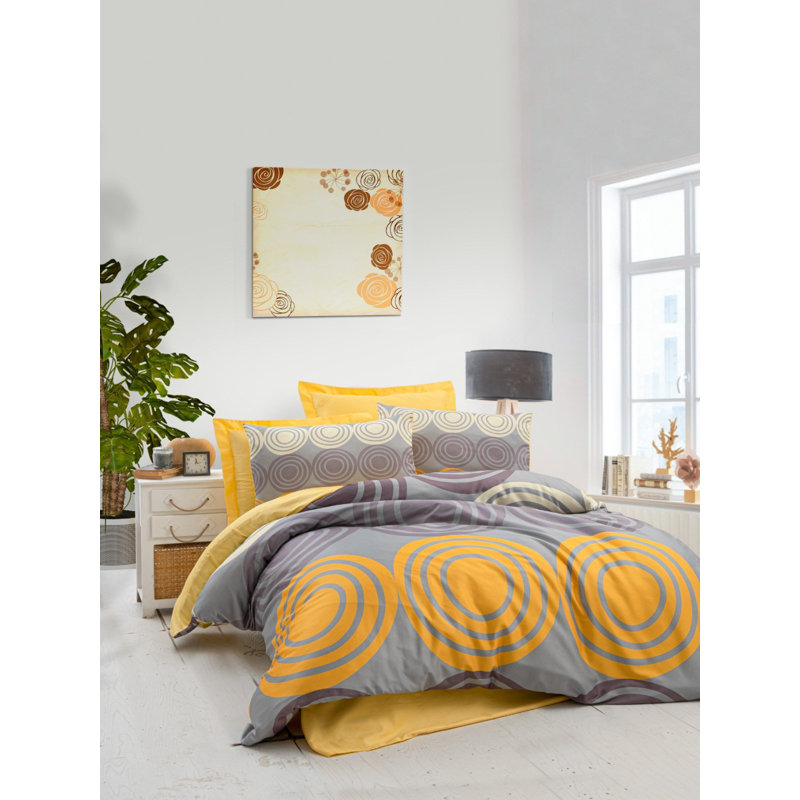 King Quilt Cover Set (3 Pieces), Yellow & Grey, 94.5 x 86.6 inches | 100% Polyester Microsatin Upper & 100% Cotton Underside | High-Quality 3D Printing, Zipper Closure, Machine Washable at 30°C, Soft & Durable