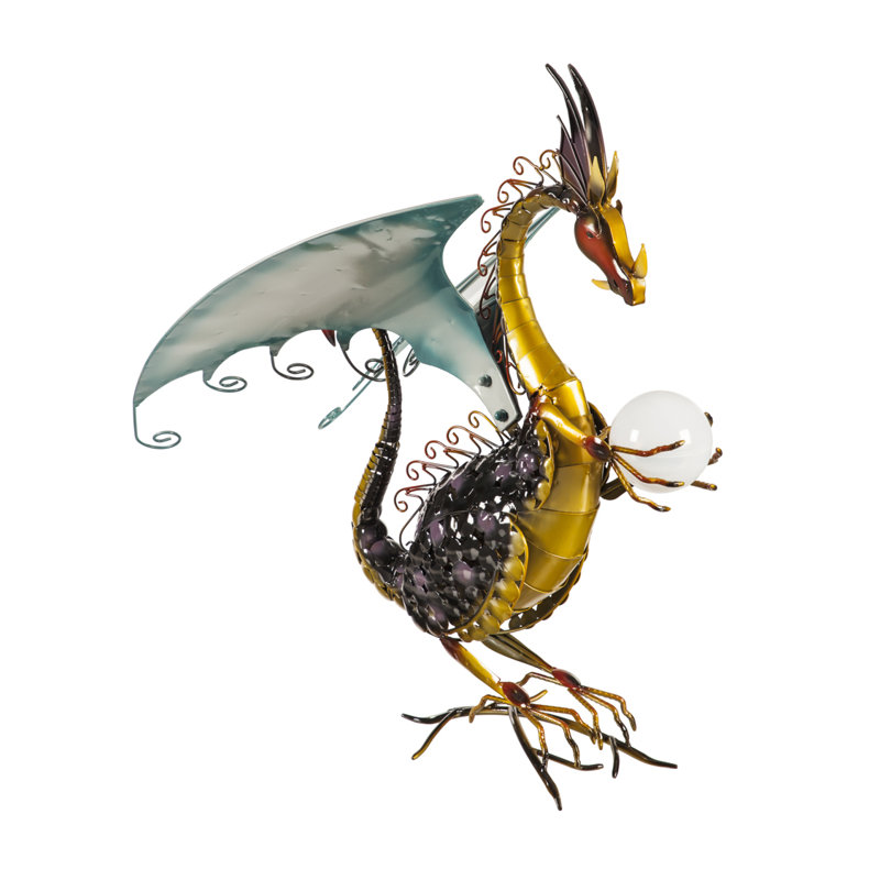 Majestic Black and Gold Metal Dragon Garden Statue with Solar Globe
