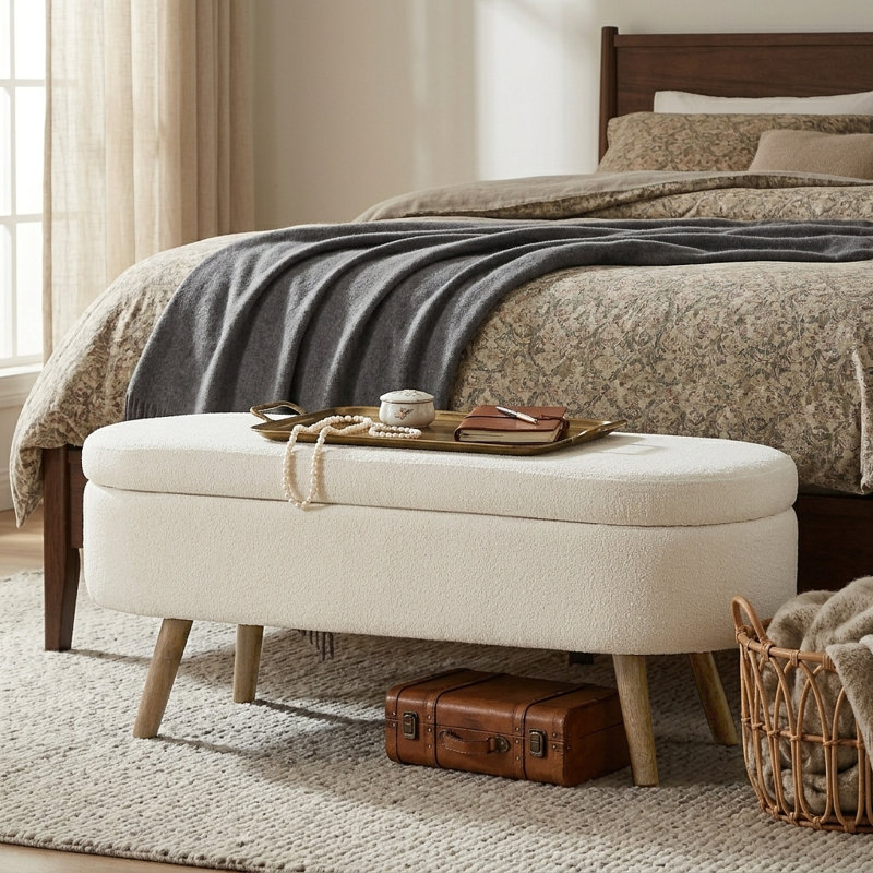 Banc de rangement avec repose-pieds 42 po ivoire pour le salon, l'entrée de la chambre à coucher, Beige