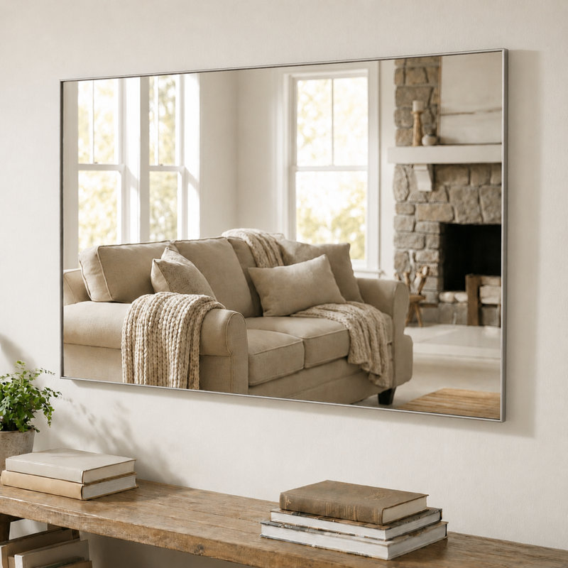 Miroir mural en métal pour salle de bain et meuble-lavabo, collection Kristveig, Rectangulaire, Nickel satiné, 28 po x 48 po