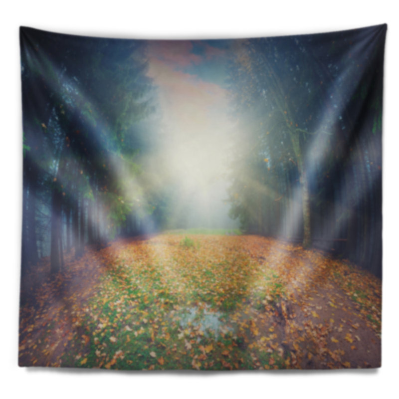Tapisserie soleil levant sur forêt arquée, H 68 po x l 80 po