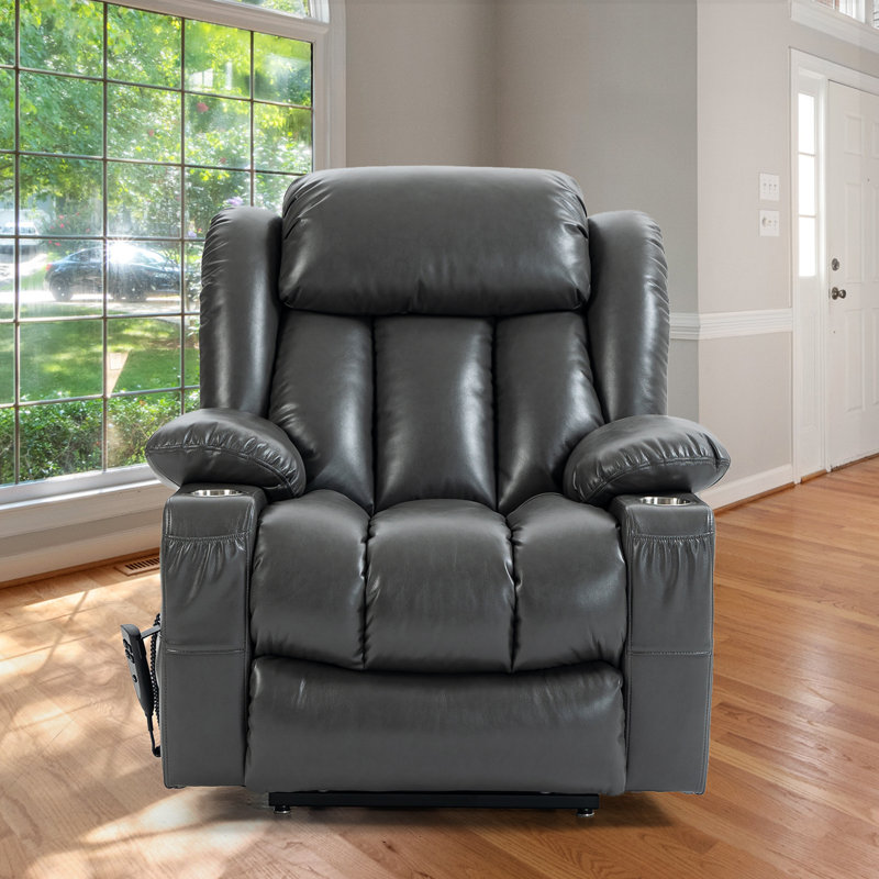 Chemika 38.1"W 180° Flat Lay Power Recliner, Massage Chair, Heater Lifting Chair, Light Gray Faux Leather