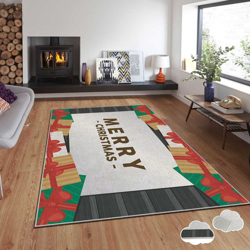 Tapis rectangulaire tissé à la machine en polyester gris / rouge / vert, Rectangle 2 pi 7 po x 4 pi 7 po