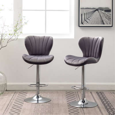 Of 2 Gray Adjustable Swivel - Velvety Upholstery, 360 Rotation, Gas Lift Height Adjustment, Footrest, Modern Contemporary Upholstered , Seat With Comfort Padding, Vertical Line Detail, Finish Footrest