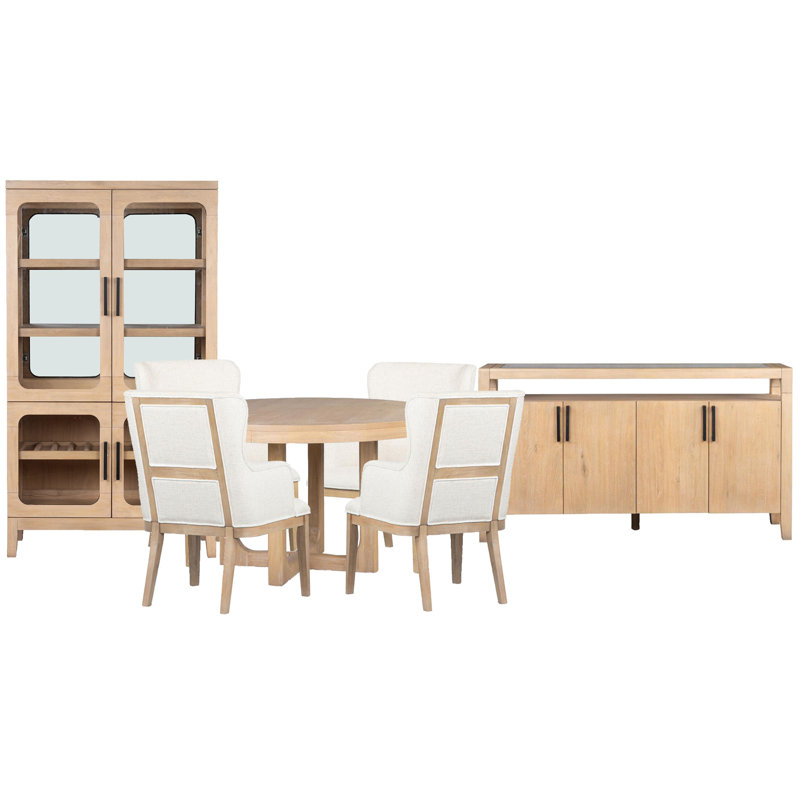 Round Dining Table With 4 Arm Chairs Sideboard And Curio, 7 Pieces: Table, 4 Chairs, Sideboard, Cabinet