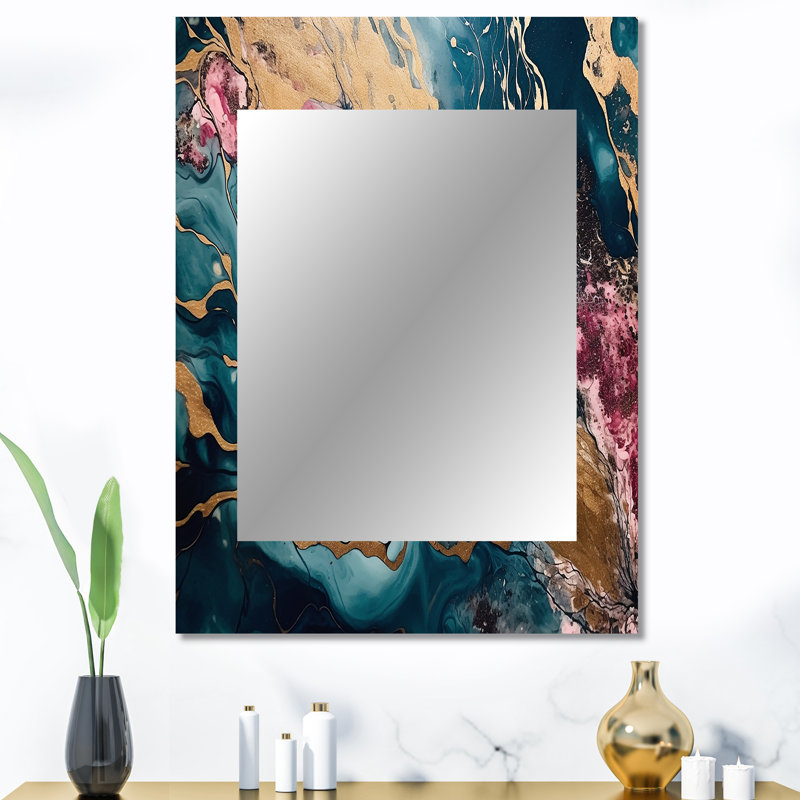 Exploration des profondeurs de la rose dorée Geode II - grand miroir mural en marbre, miroir unique moderne, art imprimé en métal