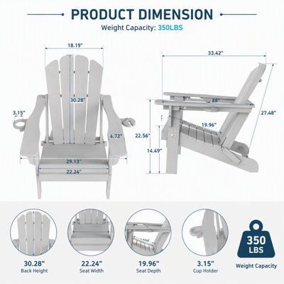 Chaise Adirondack réglable en PEHD avec inclinaison à 3 positions, conception pliable et porte-gobelets et téléphone intégrés pour une utilisation extérieure toutes saisons