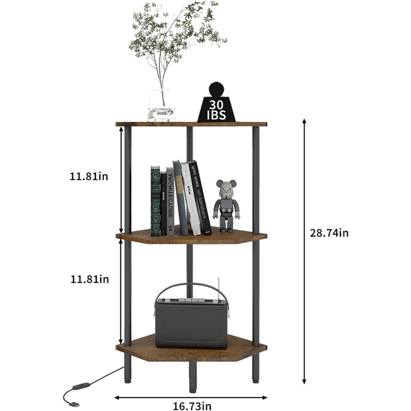 3 Tier Corner Shelf With LED Light,Bookcase For Small Spaces