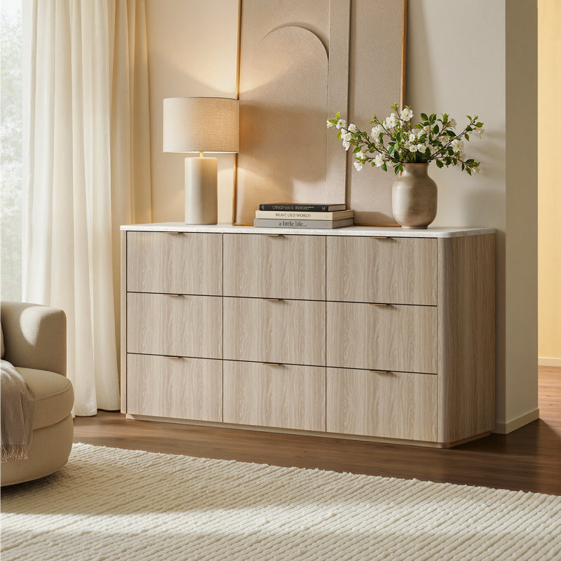 Corentin 63" Wide Dresser 9 Drawers With Storage Modern Faux Travertine Wood Chest For Bedroom Living Room, Teak/Natural Oak