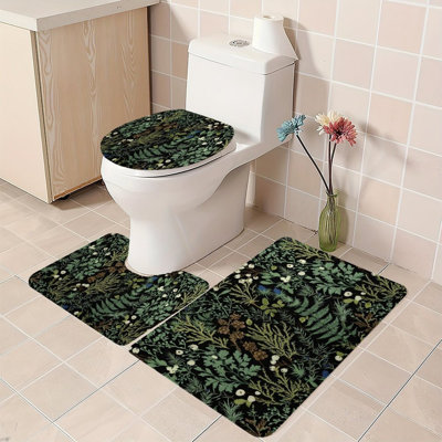 Set Of 3 Black Green Botanical Fern Bathroom Rug for Nature-Inspired Bath Decor