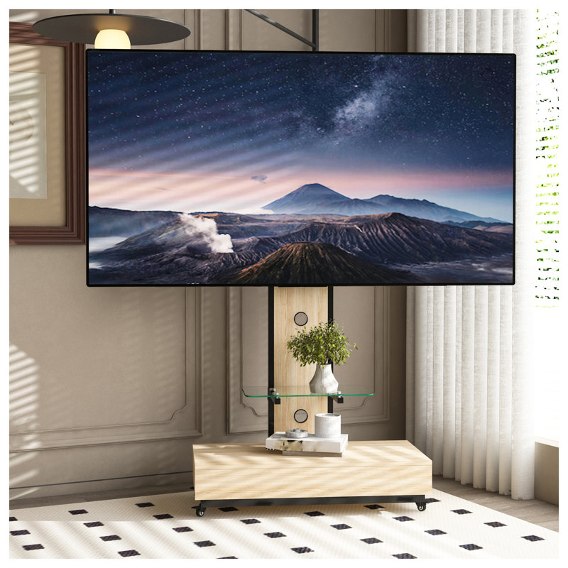 Modern Mobile TV Stand with Wheels & Mount for 32-75" TVs, Adjustable Height Floor Cart with Glass Shelf and Storage Drawer, Natural Wood & Metal Entertainment Center
