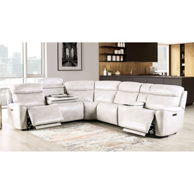 Canapé d'angle 6 pièces inclinable électrique taupe, en bois massif, avec tablette rabattable et repose-pieds extensible, et console de rangement.