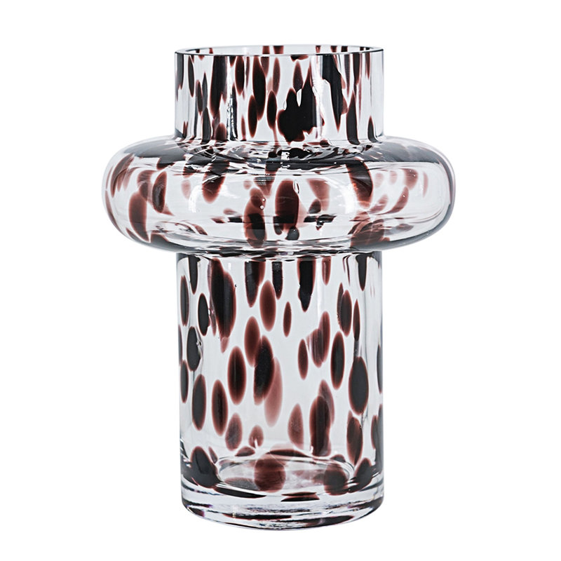 Vase décoratif en verre transparent avec des taches ambrées artistiques, parfait pour un décor moderne et élégant