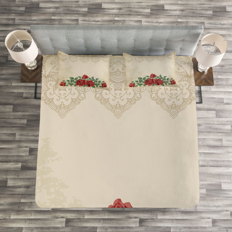 Beige/Green/Red Microfibre Bedspread Set, 220 x 264 cm