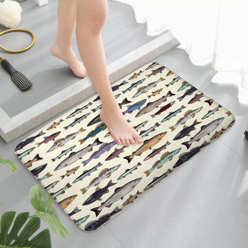 Fish Bath Mat, Blue Vintage Fishes Drawing Salmon Trout Fishing Bathroom Floor Mat, Absorbent Quick Dry Soft Flannel Bath Mat for Bathroom Kitchen, 16x24 inch
