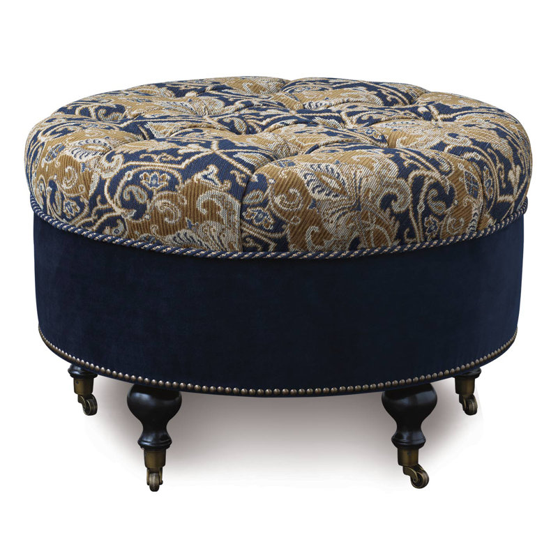 Arthur Upholstered Ottoman, Plush Navy/Ochre Cotton Blend