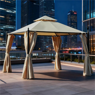 Pavillon de jardin en polyester et acier pour terrasse couverte, 118 po, avec utilisation quotidienne pratique, beige
