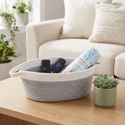 Woven Cotton Rope Storage Basket with Handles, Cute Oval Decorative Storage Organizer Bin for Closet, Bathroom, Nursery, Toys and Towels
