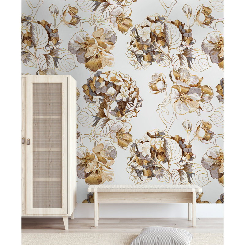Papier peint amovible moutarde avec bouquet de fleurs botaniques, L 9 po x l 15 po