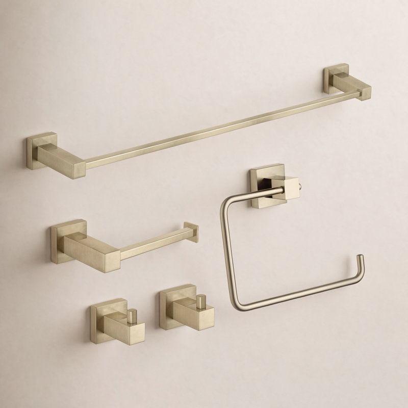 Cube 5 - Piece Bathroom Hardware Set, Brushed Gold