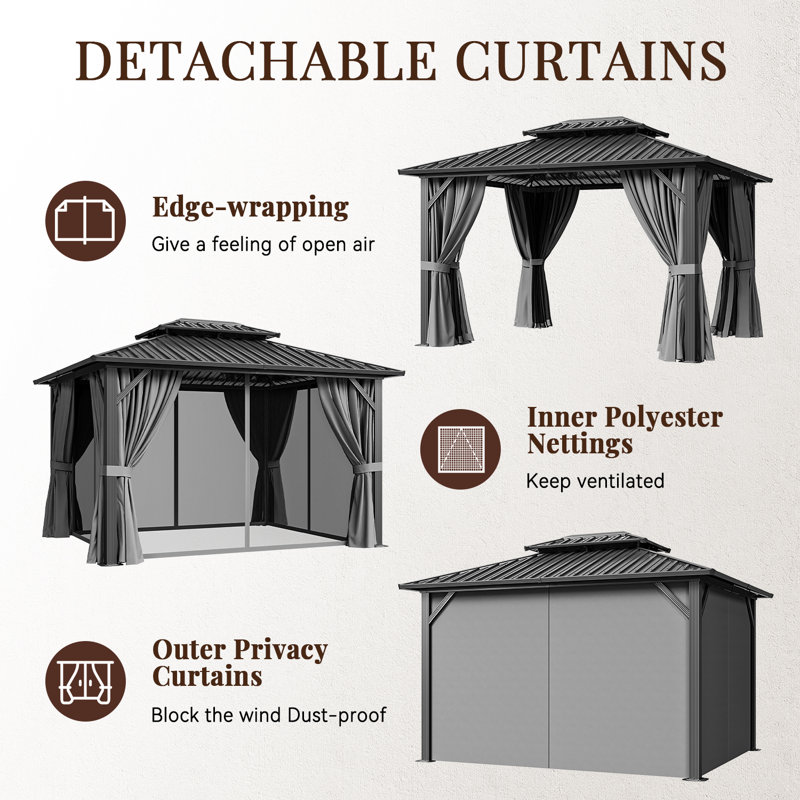 12 pi. L 10 pi. D Pavillon de jardin en métal avec ventilateur lumineux