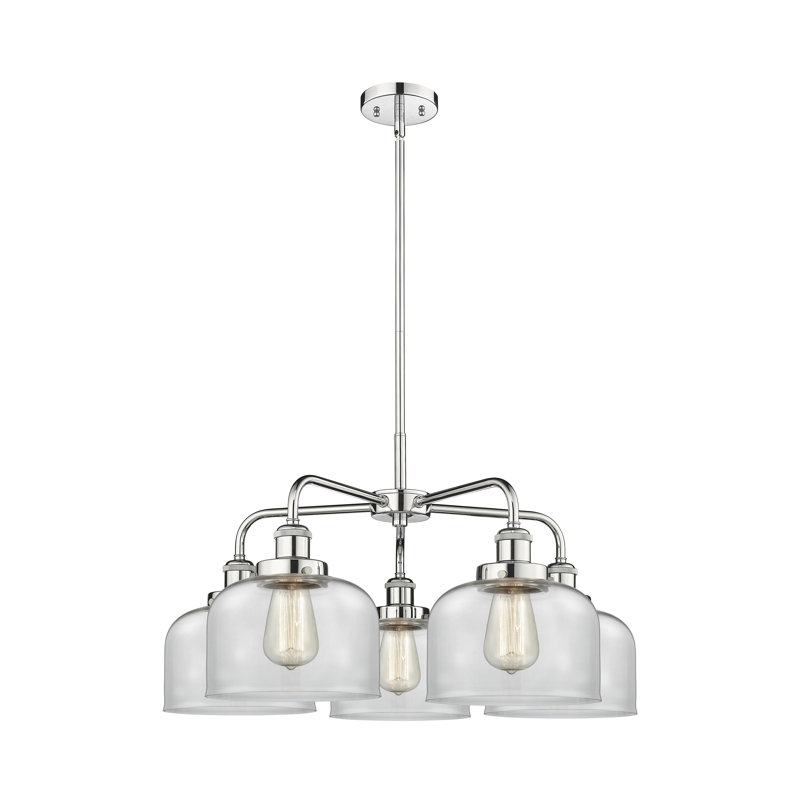 Lustre en verre à 5 lumières Bell, Transparent, Chrome poli