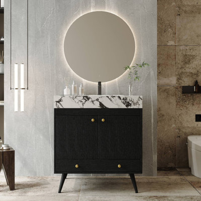 Meuble-lavabo autoportant contemporain avec plateau en faux marbre et lavabo en céramique, armoire de rangement à double porte 30 po, bois d'ingénierie imperméable