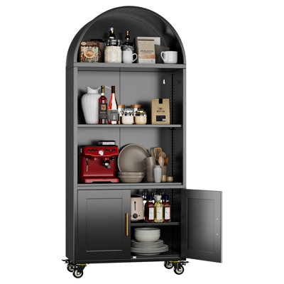 Bibliothèque arquée avec roulettes, bibliothèque arquée en métal, bibliothèque de rangement arquée, armoire arquée avec portes et tablettes, grande armoire arquée pour le salon, cuisines (noir)