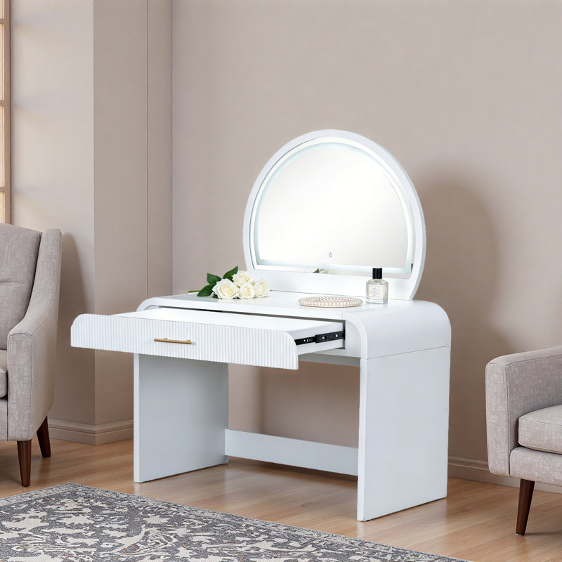 Makeup Vanity Table With Touch Screen Lighted Mirror, Dressing Table With A Drawer And Curved Edges