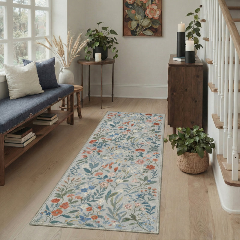Eden Floral Machine Washable Floral / Blush Pink Indoor Runner Rug With Non-Slip Backing, Gray/Blue, Runner 2'4" x 6'
