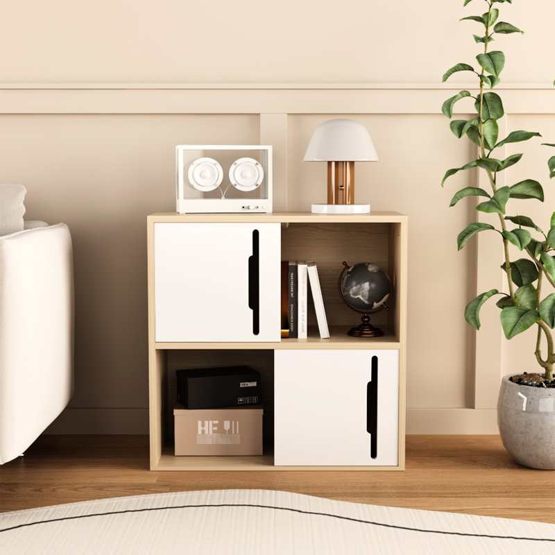 Compact Modern Vertical Storage With Dual Sliding Doors, 2 - Tier Open And Closed Organization, Natural Wood White Aesthetic For ' Room Solution: Wooden Cabinet Shelving Small Spaces,