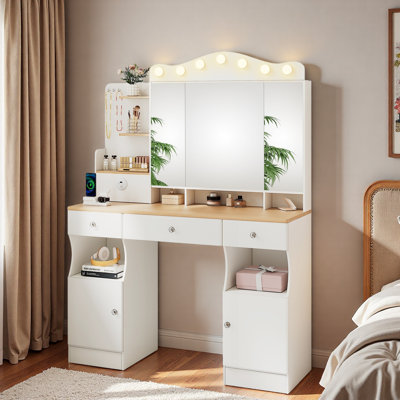 Vanity Desk With 3 Lighting Colors Foldable Three-sided Mirror, 2 Usb Power Strip, 3 Drawers And 2 Cabinet