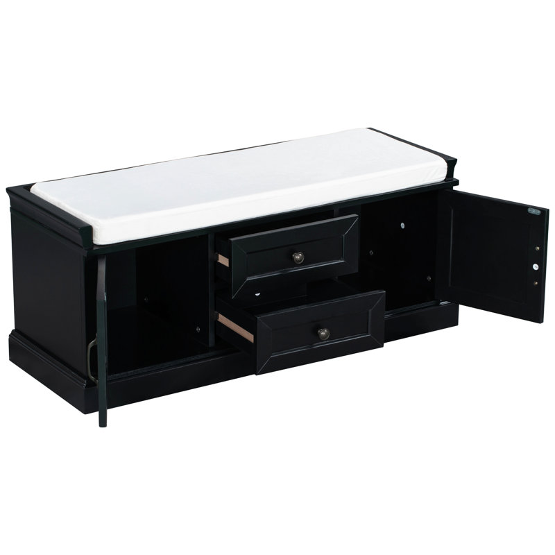 Banc de rangement avec 2 tiroirs et 2 armoires, banc à chaussures avec coussin amovible pour le salon, vestibule