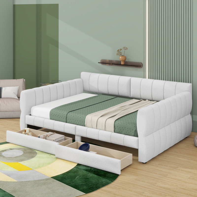 Grand lit plateforme tapissier avec port USB et tiroirs, Blanc