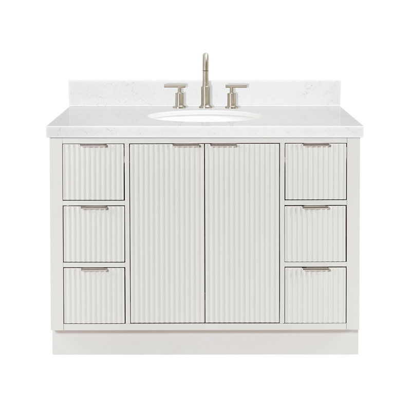 Ensemble de meuble-lavabo simple en bois massif de 48 po avec plateau en quartz Carrara blanc de 1,5 po Haun, Ovale, 48"