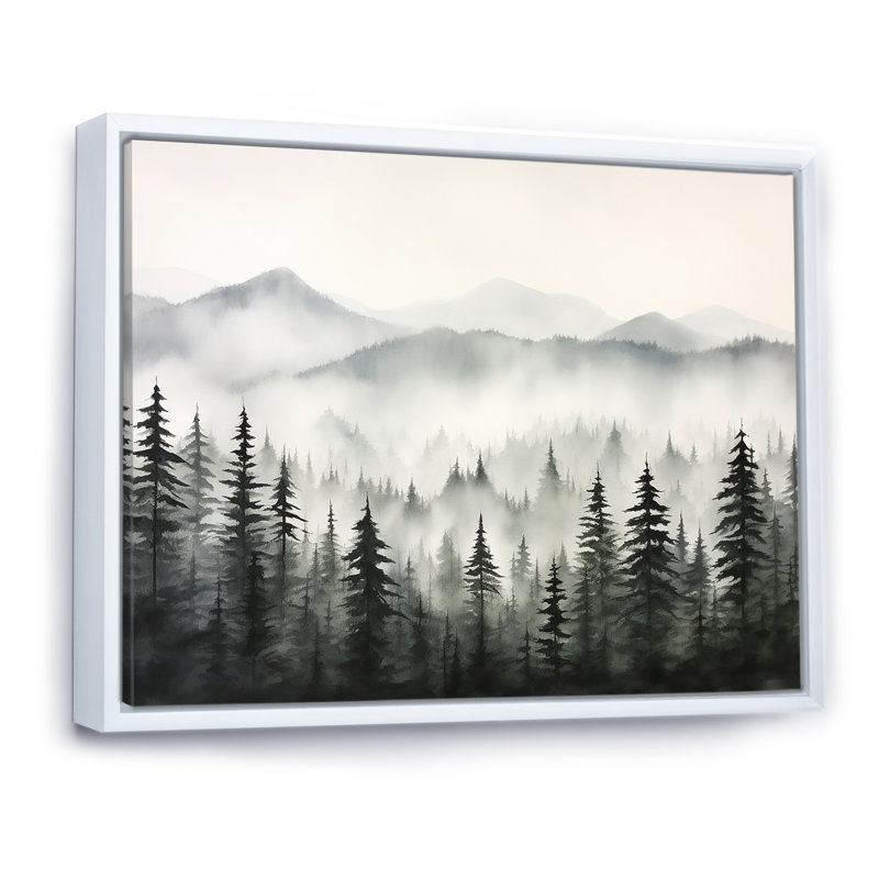 «Gray Misty Morning Forest Horizon I», art mural grand forêt, 16" H x 32" W, Cadre flottant blanc