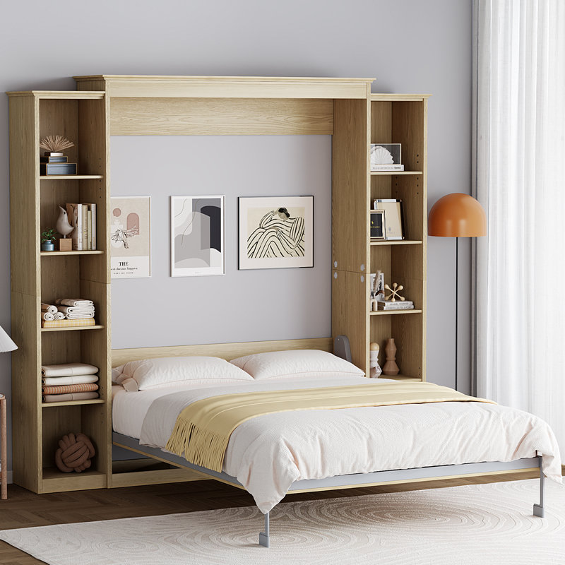 Grand lit escamotable mural avec tablettes de rangement, Naturel , Grand lit