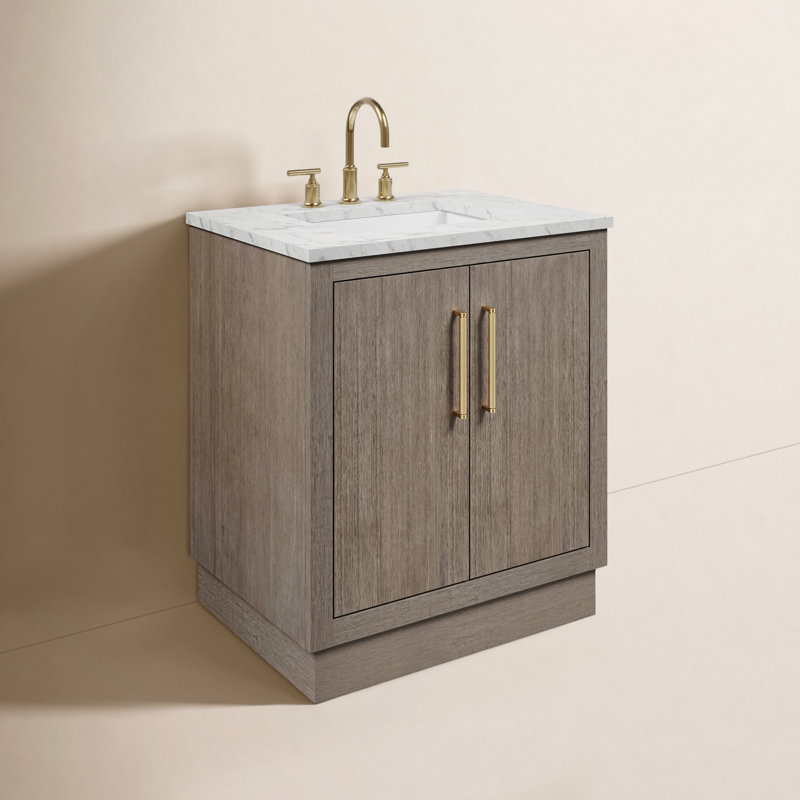 Ensemble de meuble-lavabo de comptoir en marbre blanc Carrara de 30 po Overt Surf en chêne gris avec robinet, Or satiné