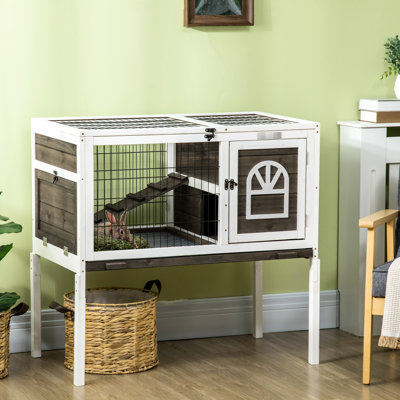 Cage de cochon d'Inde à l'intérieur - Lapin avec aire de jeu, portes verrouillables, plateau hygiénique amovible, café surélevé, sorties, brun clair détachable