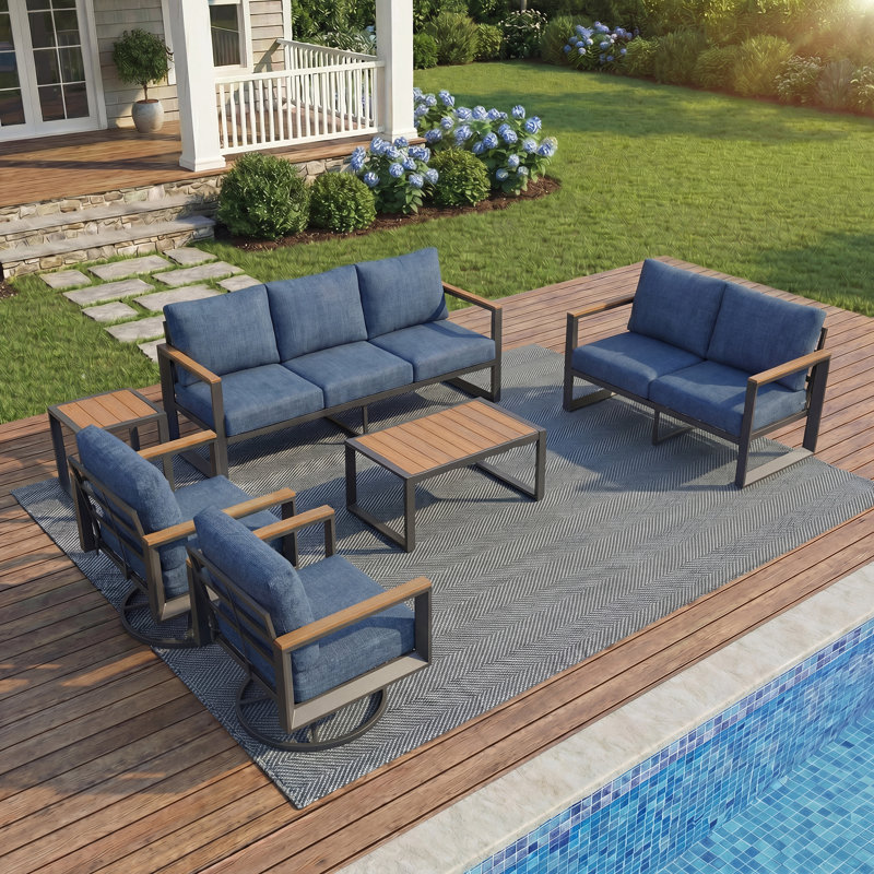 Aluminum Outdoor Patio Furniture Set 6 Pieces, 2 Swivel Rocking Chairs, 3-Seater Bench, 2-Seater Bench, Coffee Table & Side Table, Patio Sectional Conversation Furniture Set With Thick Cushions