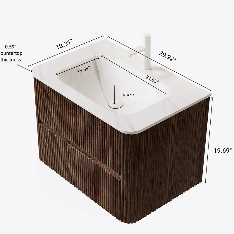 Meuble-lavabo mural flottant avec lavabo et rangement, avec deux tiroirs, lavabo sans couture et installation facile, 30"